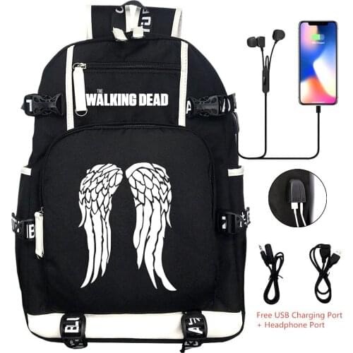 Hot TV The Walking Dead USB Backpack Cosplay Printing Black Shoulder Travel Laptop Bags Kids Teens Student Schoolbags Bookbag