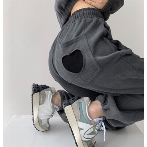 Hugwiser Street Style Harem Pants Elastic Waist Solid Color Love Pattern Wide-leg Trousers Sports Casual Sexy Sweatpants Women