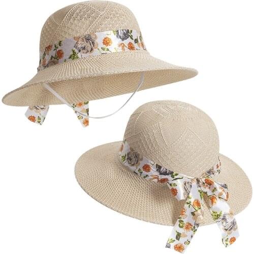 Women Imitation Raffia Bow Flower Breathable Refreshing Cap Summer Travel Wide Brim Sunscreen Foldable Straw Sun Hat R60