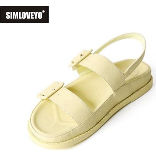 SIMLOVEYO New 2021 Women Sandals Open Toe 2.5cm Flats Genuine Lether Thick Bottom Soft Comfortable Buckle Beach Casual B2234