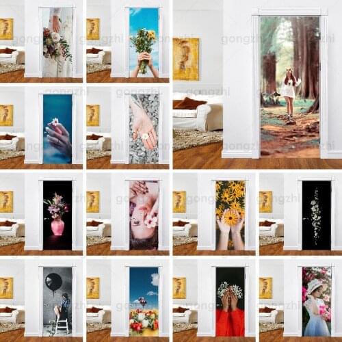 Modern Creative Door Stickers Flowers and Beauty Waterproof Stickers Home Decoration Room Door Wardrobe Door Art Poster Stickers