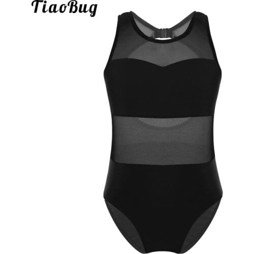 TiaoBug Kid Girls Ballet Dance Gymnastics Leotard Jumpsuit Sleeveless Mesh Splice Cutout Back Bodysuit Dancewear Costume