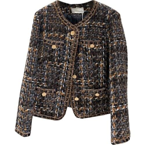 Heavy work winter small fragrance thick woven jacket women new long-sleeved round neck short outwear