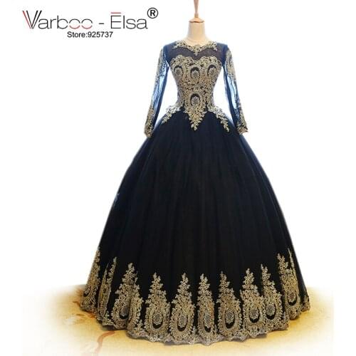 VARBOO_ELSA dubai Long Sleeve Tulle Prom Dress 2018 Vintage arabe Gold Wire Embroidery Black Long Evening Dress O Neck Ball Gown
