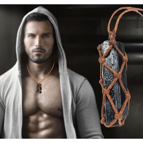 1pcs Natural Black Tourmaline Stone Pendant Retro Raw Gemstone Pendant Crystal Hand-Woven Pendant Necklace Crystal Gem Specimen