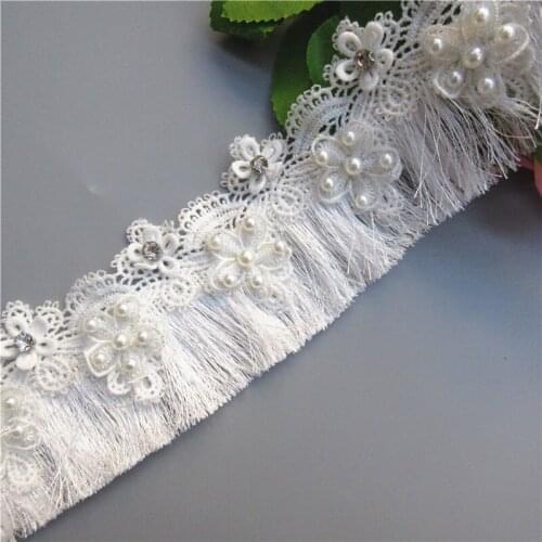 1 yard White Tassel Fringe Lace Trim Diamond Pearl Flower Embroidered Lace Ribbon Fabric Sewing Supplies Craft Decorative 6.5cm