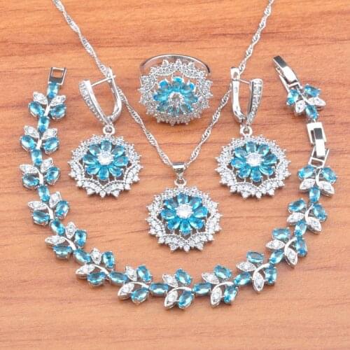2020 New Silver Color Jewelry Sets For Women Christmas gifts Sky Blue Zirconia Earrings Ring Pendant Bracelet JS0739