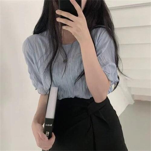 Alien Kitty 2021 Chic Elegant Solid Chiffon Folds Slim Women Fashion Shirts Summer Pullovers Gentle Lady Short Sleeves Blouses