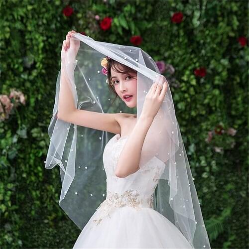 Short Wedding Veil Bridal Veil Face-Covered Blusher Veil with Pearls One Layer Tulle Square velo de novia No Comb