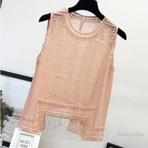 Heavy Beaded Sleeveless T Shirt for Women New Fashion Elegant Top Stringed Pearls Irregular Tassel Vest Shirts Female Clothing