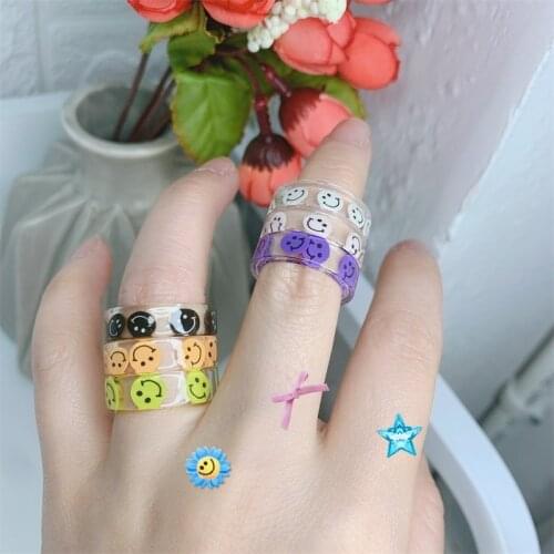 Joyas 2021 New Ring Korean Colorful Crystal Cartoon Cute Smiley Face Letters Transparent Square Chunky Rings for Women Jewelry
