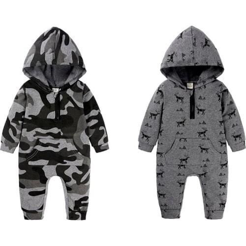 Camouflage Romper for Baby Boys Hooded Zipper Jumpsuit Infant Onesie Clothes Camo Deer Bodysuit Baby Long Sleeves Pajamas Grey