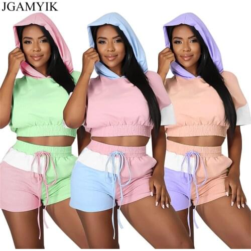 JGAMYIK Patchwork Two Piece Set Women Hoodie Crop Top Drawstring Shorts Set Womens Summer Clothing Vacation Outfits Tracksuit