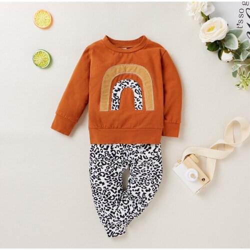 0-24M Newborn Kid Baby Boy Girl Clothes set long Sleeve Rainbow Top Leopard Pant suit Cute Sweet Cotton Outfit