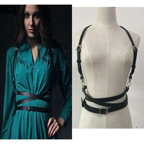 Hot Fashion Women Handmade Leather Harness Punk Gothic Body Bondage Cage Shoulder Wraped Long Waist Straps Suclpting Belt