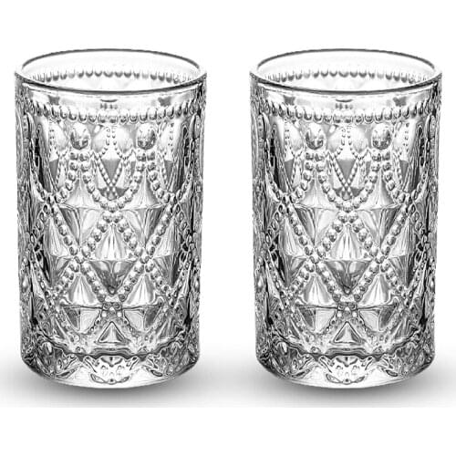 HDEAR Nordic Retro Relief Clear Glass Juice Drink Milk, 10.6-14oz Set of 2, Suitable for Parties Bars Hotel Restaurants and Home