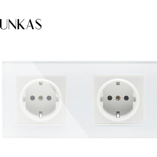 UNKAS EU Standard 2 Gang Wall Power Socket, White Crystal Glass Panel, Manufacturer of 16A Wall Outlet, GB-C7C2EU-11