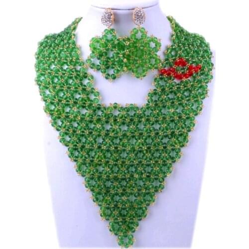 Nigerian Jewelry Set For Women Triangle Green African beads Jewellery Necklace Bracelet Earrings Gift Set Bridal Ladies Set 2018