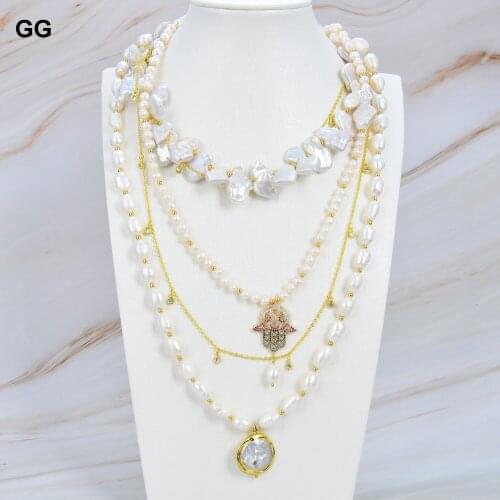 JK Natural Pearl White Keshi Baroque Pearl Necklace CZ Charm White Coin Glod Color Plated Pendant Chain Necklace