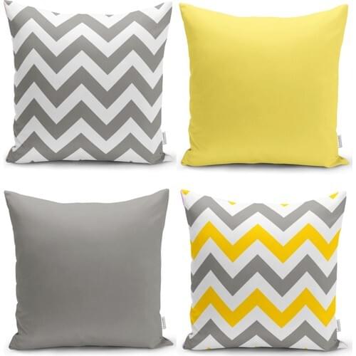 RealHomes Yellow and Gray Zigzag Pattern Digital Printed 4'lü Pillow decorate Case Set