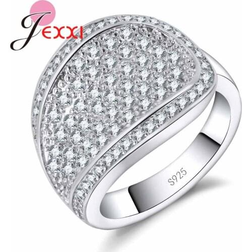 Luxury Women Femme Best Gift Inlaid Full White Austria Crystal Stone Shiny 925 Sterling Silver Wide Wedding Ring Hot Sale