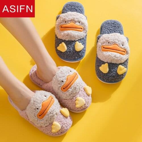 ASIFN Cotton Women Plush Slippers Home Indoor Winter Slides Cute Big MouthMules Thick-soled Men Slippers Zapatos De Mujer Shoes