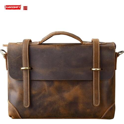 British style crazy horse leather Men handbags messenger bag Genuine leather business briefcase shoulder bags retro schoolbag