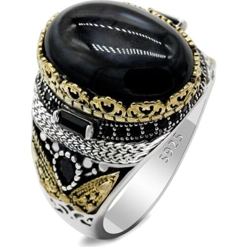 Turkey Jewelry Men Ring with Natural Agate Stone Pure 925 Sterling Silver Vintage Crown Rings for Women Male Gift with Black CZ