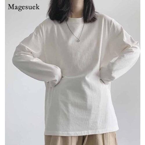 Loose Versatile Bottoming Blouses Women O-neck 2020 Autumn Tops Plus Size Solid Cotton Long-sleeved T-shirts Blusas Mujer 11821