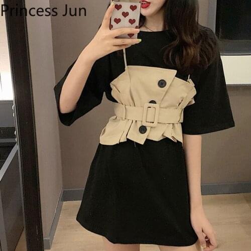 Women Summer Self-design Two Piece T Shirt Short Sleeve O Neck Casual Black White Long Shirt&Little Camis Vest 2pc Chic Tops Tee