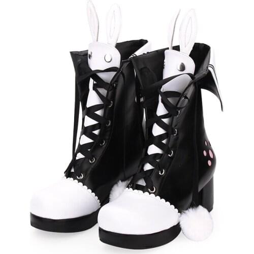 Woman Boots Winter Lolita Style Rabbit Ear Kawaii Ankle Boots For Women White/black/blue Belt Punk Lolita Boots Big Size 43 44