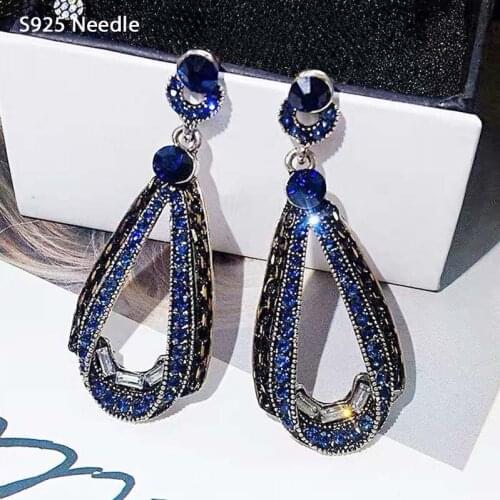 925 Sterling Silver Needle Long Dangle Drop Earrings for Women Jewelry Statement Blue Rhinestone Punk Rock Female Earrings