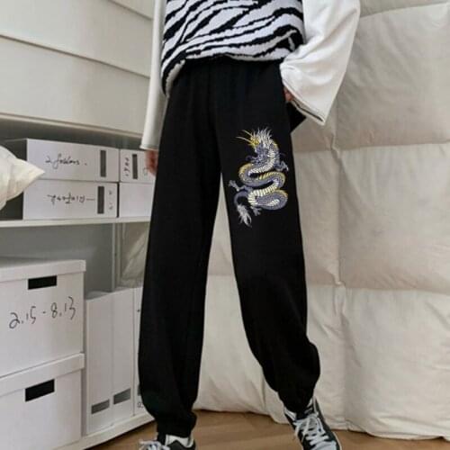 Harajuku Elastic Waist Kawaii Dragon Print Fashion Autumn Winter Casual Fleece Women Vintage Pants Pocket Female 2021 Streetwear
