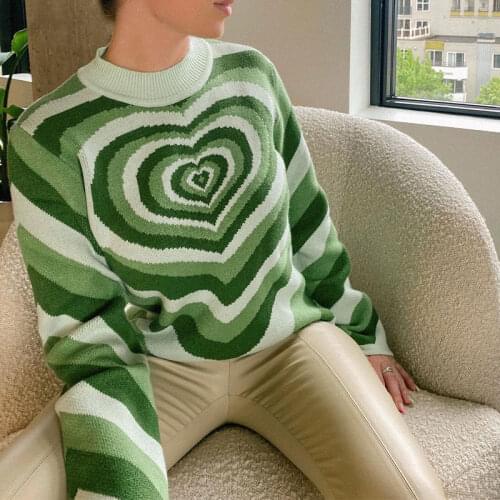 Harajuku Womens Striped Turtleneck Sweater Autumn Long Sleeve Punk Girls Cute Pink Love Heart Sweet Knitted Slim Pullovers Y2K