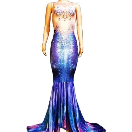 Glistening Diamonds Sleeveless Backless Women Dresses Mermaid Long Tailing Dresses Role Playing Costumes Nightclub Stage Wear
