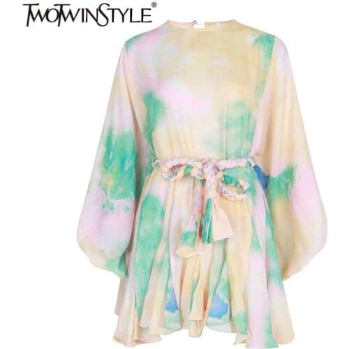 TWOTWINSTYLE Hit Color Print Dresses Women Long Sleeve O Neck High Waist Lace Up Female Dress Spring Casual Fashion 2021