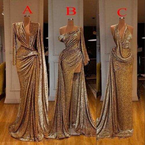 Sexy Long Sleeve Gold Mermaid Prom Dresses 2020 Sexy High Split Sequined Formal Evening Gowns robe de soiree Abendkleider