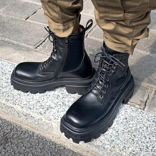 British Style Thick-soled Martin Boots Womens Shoes Handsome Knight Motorcycle Boots Genuine Leather Sqaure Heels Short Boot