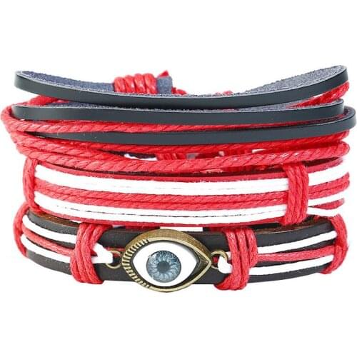 Punk Vintage Evil Eye Charm Wristbands Fashion Rock Rope Leather Wax Cord Cuff Bracelet Set Multilayer Bangles Wrap Jewelry Gift