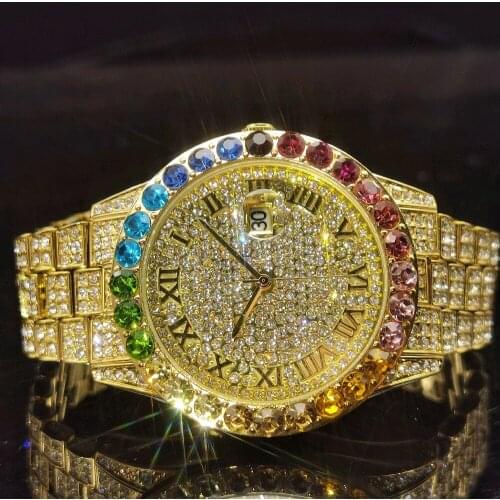 MISSFOX Rainbow Diamond Men Watch Gold Iced Out Stainless Steel Relógio Masculino Blingbling Quartz Man Watches Fashion Party