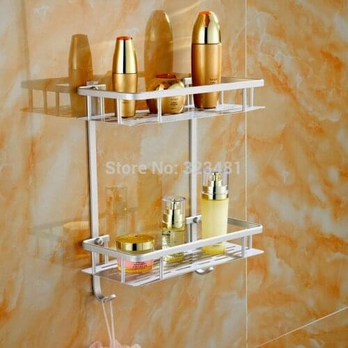 Aluminum Dual Tier Bathroom Shelf Rack with Hook strong sheet Design wall shelf for Kitchen Storage Accessories organizer