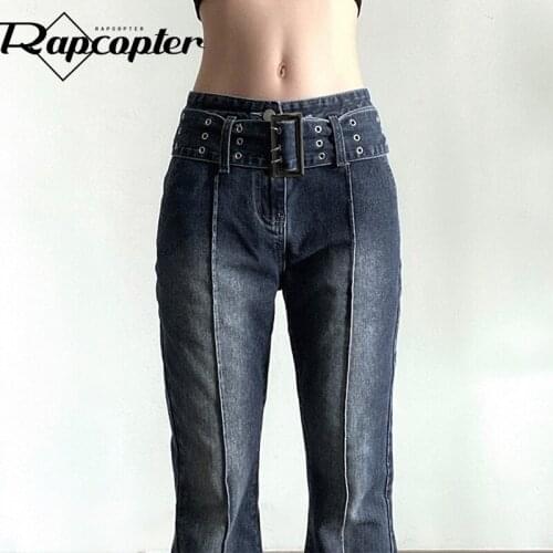 Rapcopter Tie Dye Retro Jeans Sashes Low Waisted y2k Denim Trousers Women Patched Korean Style Cargo Pants Women Streetwear 90s