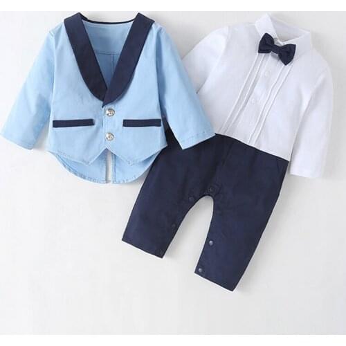 IYEAL Gentleman Boy Clothes Set Boys Formal Suits For Wedding Party Cotton Bow Tie Tuxedo Rompers +Jacket 2Pcs Kids Clothing Set