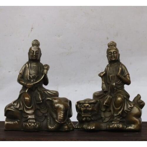 China brass Manjusri Samantabhadra bodhisattva Buddha statue A pair