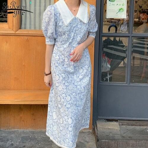 Vintage Summer Dress Women Print Floral Polo Neck Bubble Sleeve Long Dress High Waist Women Casual Party Dresses Vestido 14149