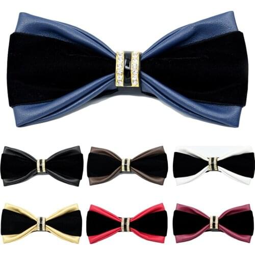 Men Noble Velvet Rhinestone Faux Leather Bow Ties Wedding Party Pre-tied Bowtie BWTRS0343
