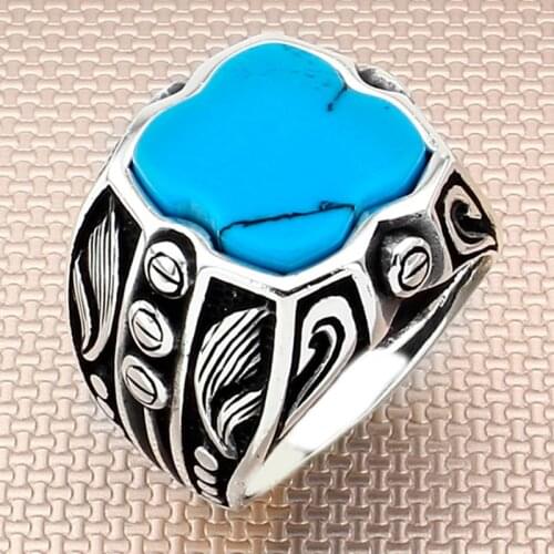 Mens Ring Sterling Silver 925 With Blue Stone Turquoise Gemstone Gift For Him, Handmade Real Pure Silver - Turkish Jewelry
