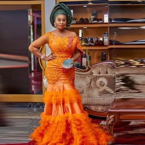 Nigerian Off Shoulder Evening Dresses Aso Ebi Orange Floor Length Elegant Evening Dress Long robe de soiree Prom Gowns Applique