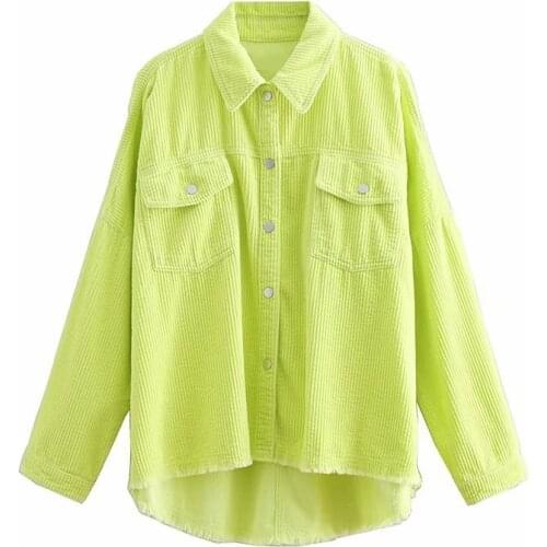 New Women 2020 Stylish Apple Green Oversize Za Corduroy Long Jackets Outwear Ladies Casual Single Breasted Loose Shirt Jacket