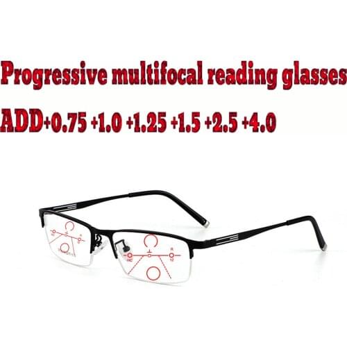 Alloy Frame Halfrim Ultralight Progressive Multifocal Reading Glasses for Business Men+1.0 +1.5 +1.75 +2.0 +2.5 +3 +3.5 +4